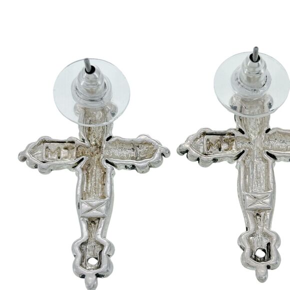 Vintage MJ Silver Tone Cross Design Pierced Earrings - Picture 3 of 5